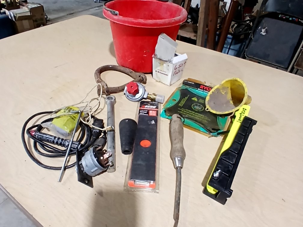 Red Pail with Tip Up, Clevis, Blades & Misc