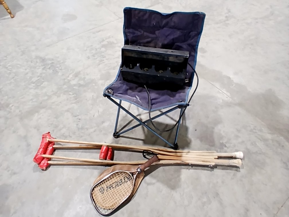 Stage Light, Crutches, Chair & Racketball Racket