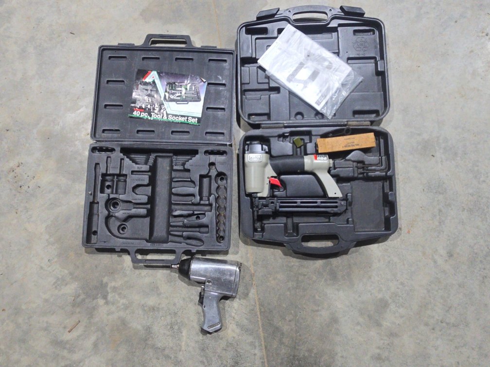 Air Staple Gun, Empty Case, and Air Impact