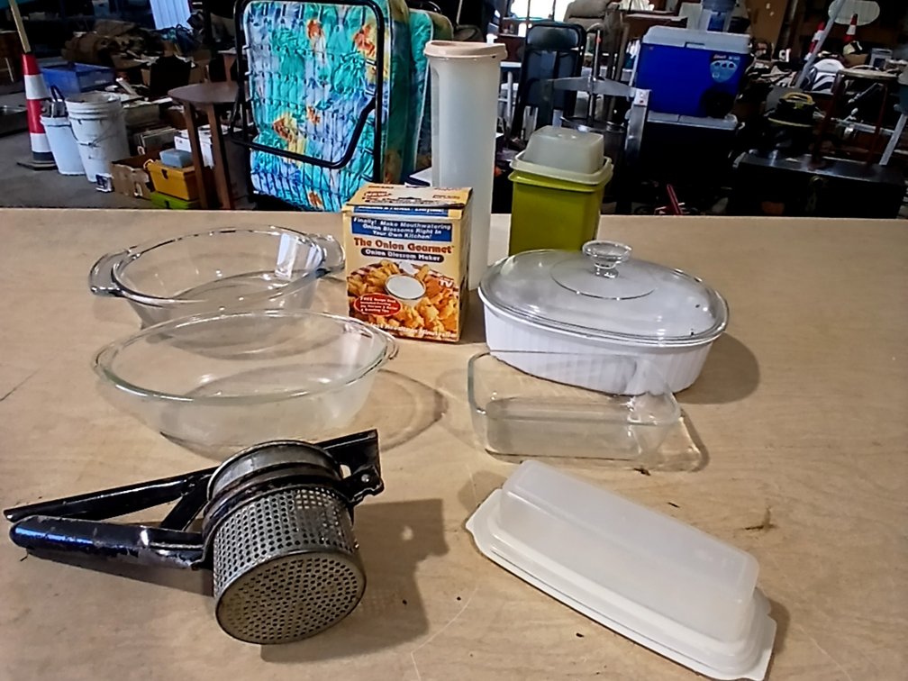 Potato Ricer, Tupperware, Glass Bakeware & Onion Blossom Maker
