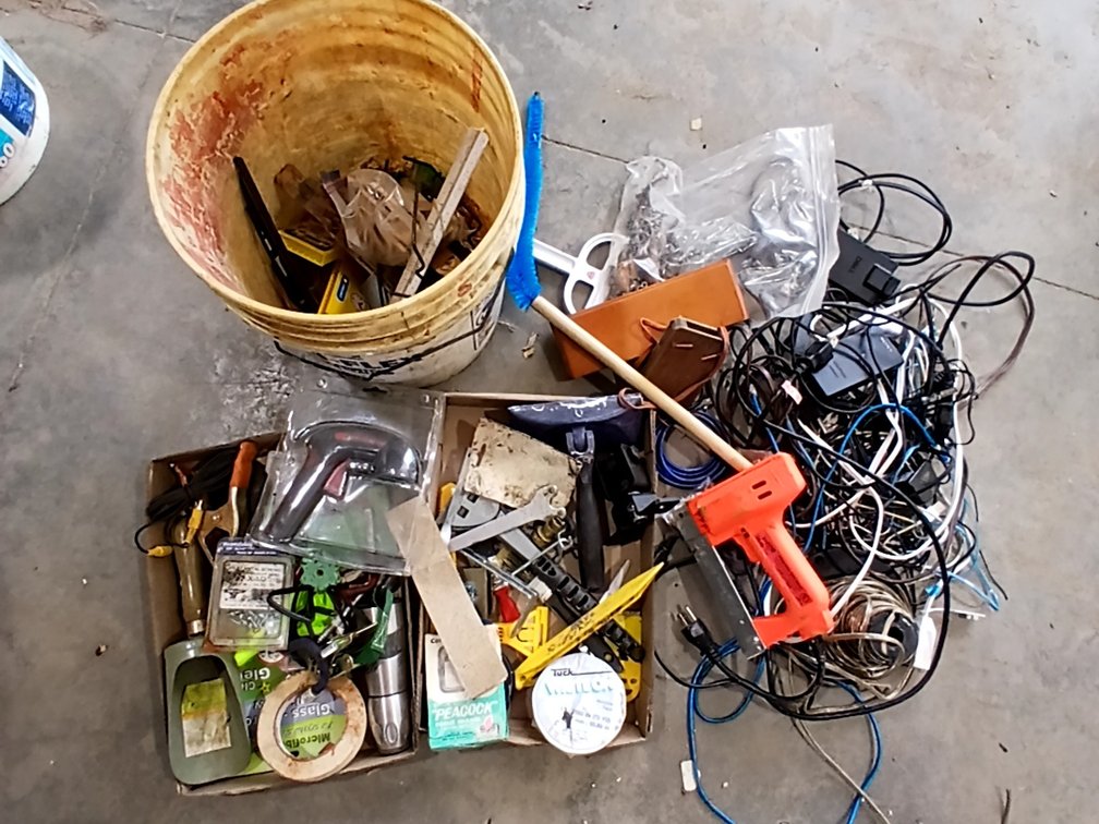 2 Pails Electric Staple Gun, Speaker Wire & Misc