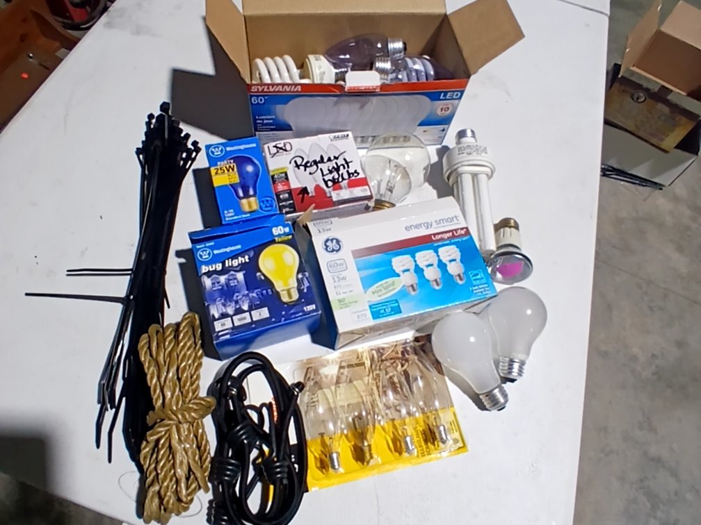 Assorted Light Bulbs, Zip Ties, Bungees & Rope
