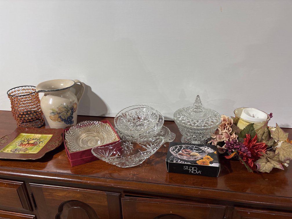 Assorted fall decor and crystal dishes