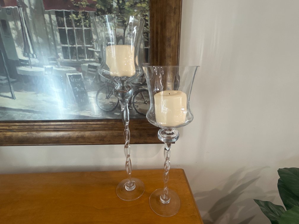 Pair of Clear Glass Pedestal Hurricane Candle Holders
