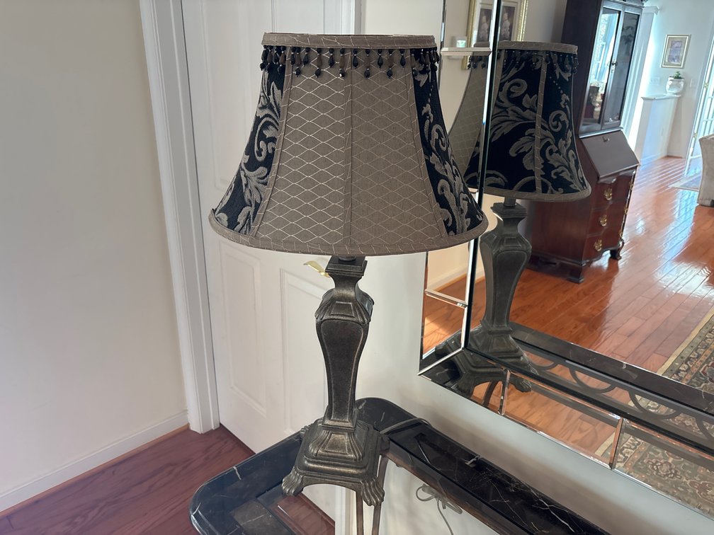 Bronze-Tone Cast Metal Table Lamp with Beaded Bell Shade