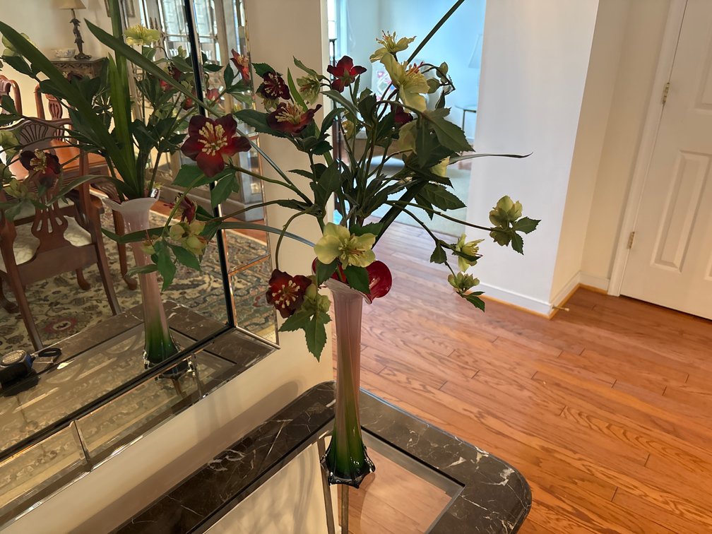 Blown Art Glass Vase with Artificial Floral Arrangement