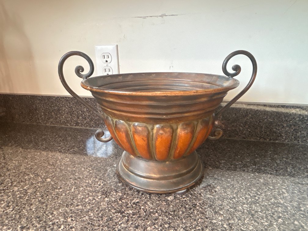 Copper-Finish Metal Footed Urn Bowl with Scroll Handles