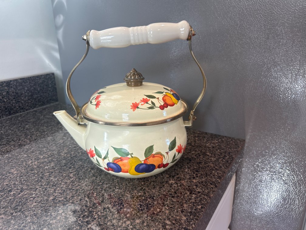 Enameled Metal Tea Kettle with Fruit and Floral Motif