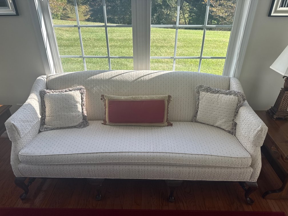 Cream Patterned Upholstered Camelback Sofa
