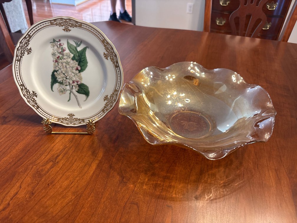 Botanical Porcelain Plate and Iridescent Glass Bowl