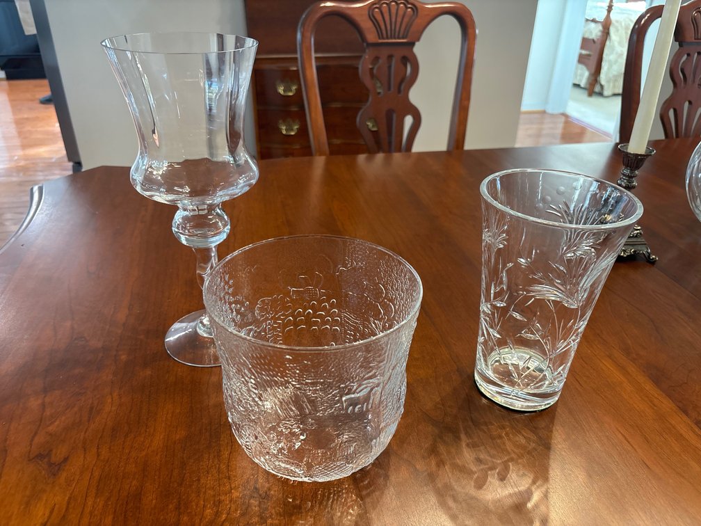 Glass Pedestal Goblet, Cut Glass Vase, and Textured Tumbler