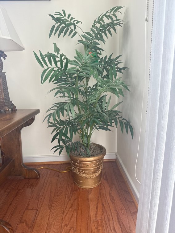 Artificial Palm Plant in Gold Planter with Bird Figure