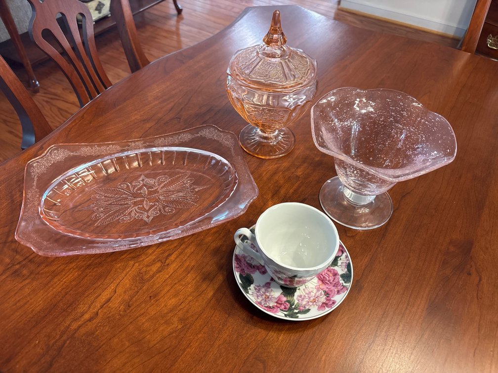 Glass Platter, Covered Candy Dish, Compote, and Teacup Set