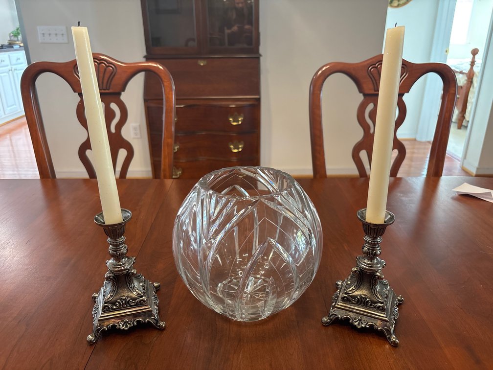 Cut Crystal Rose Bowl and Pair of Ornate Metal Candlesticks