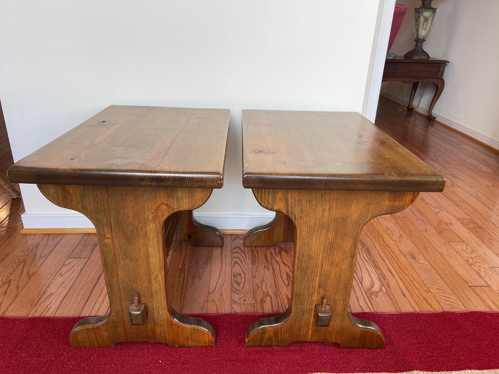 Pair of Stained Wood Trestle-Style Low Tables