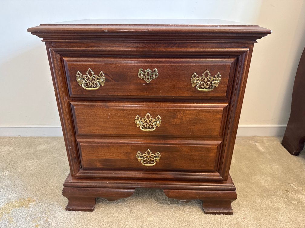 Wood Three-Drawer Nightstand with Brass Hardware