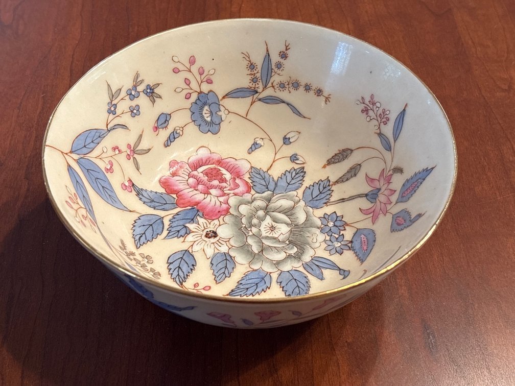 Footed Floral Porcelain Bowl with Gilt Rim