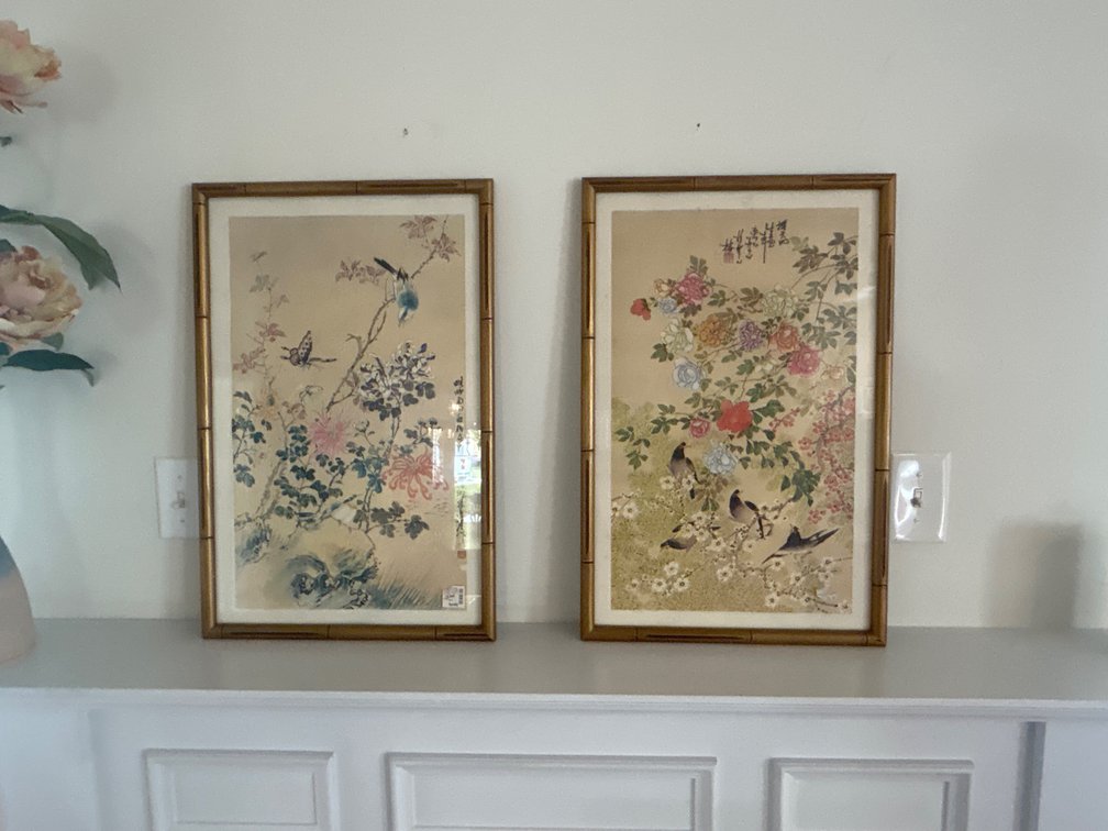 Framed Chinese Bird and Flower Prints in Faux Bamboo Frames