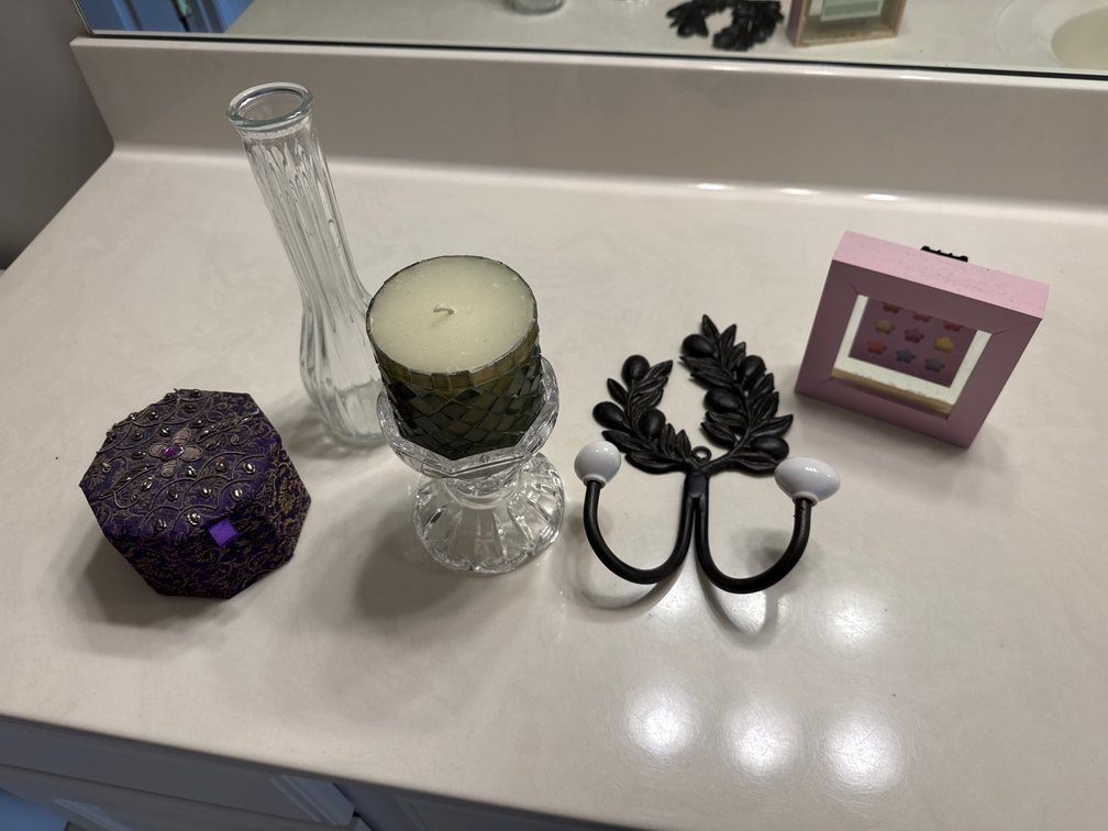 Decorative Box, Glassware, Wall Hook, and Picture Frame