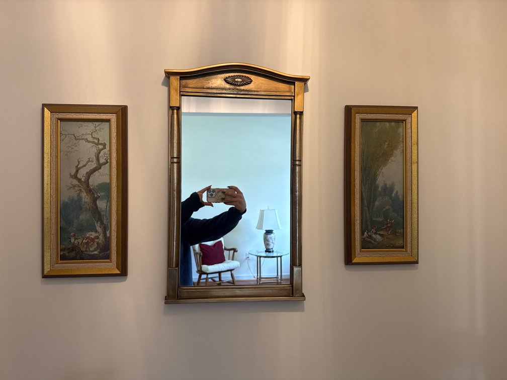 Gold-Tone Wall Mirror and Pair of Framed Landscapes