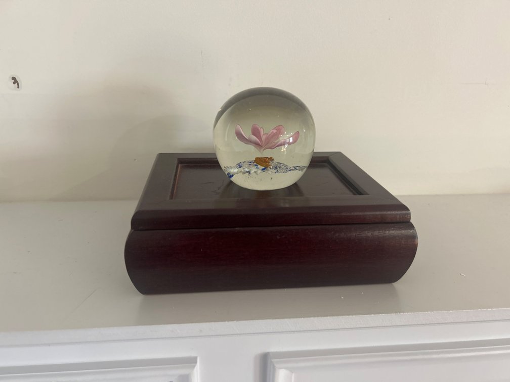 Wooden Jewelry Box and Glass Floral Paperweight
