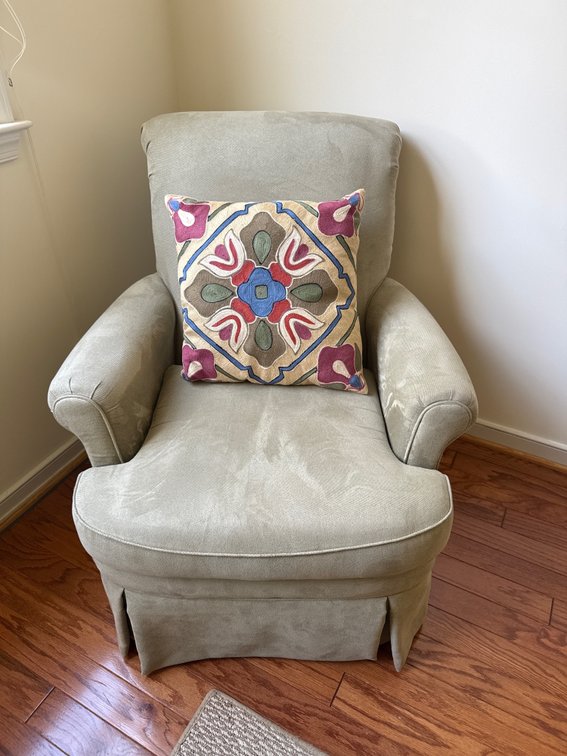 Sage Green Skirted Armchair with Embroidered Accent Pillow