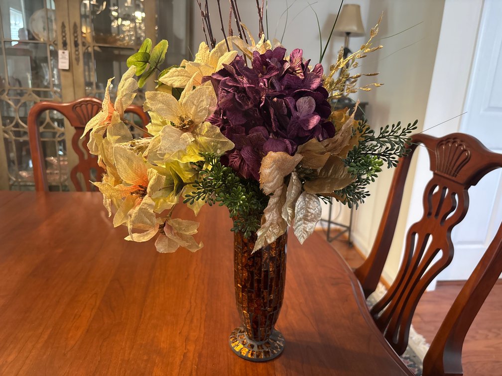 Artificial Floral Arrangement in Mosaic Glass Footed Vase