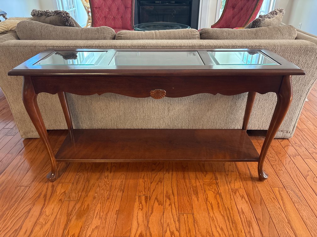 Queen Anne Style Wood Console Table with Glass Inserts
