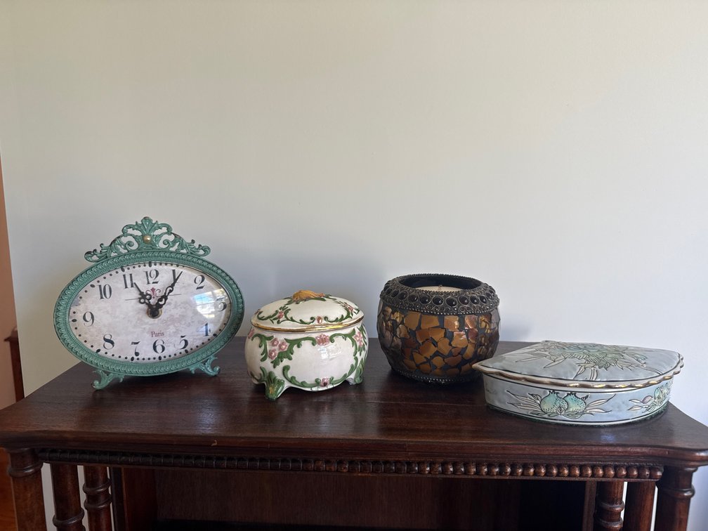 Tabletop Clock, Ceramic Trinket Boxes, and Candle Holder
