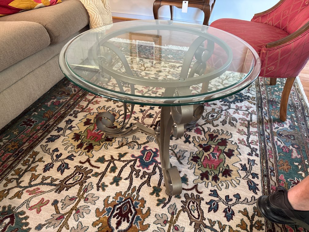 Round Beveled Glass-Top Table with Scrolled Metal Base