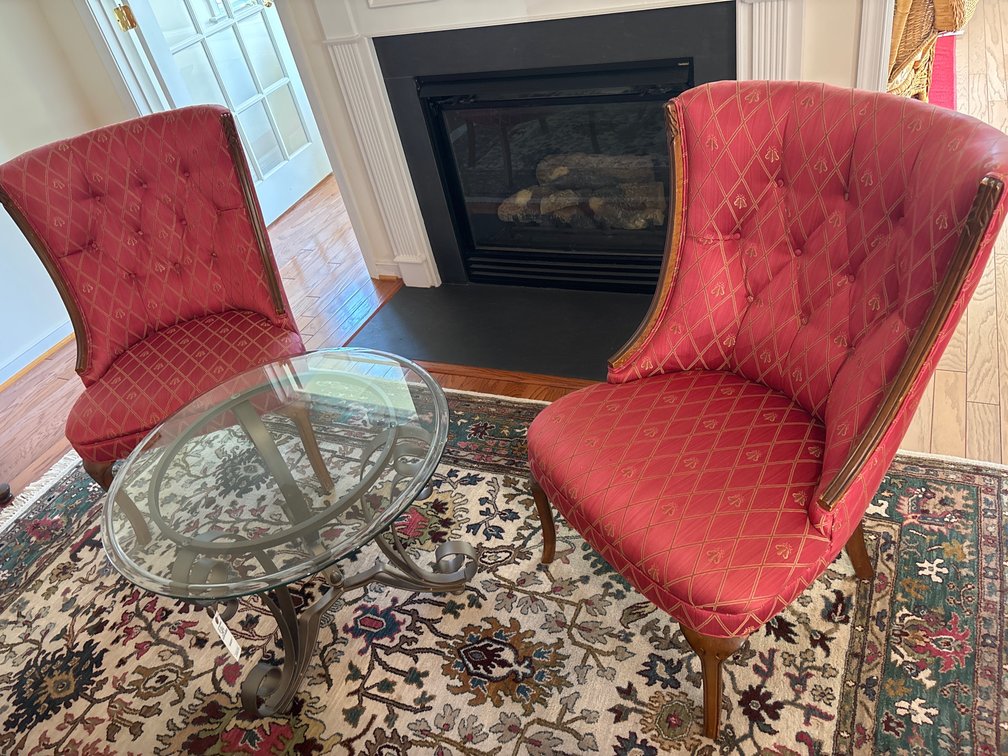 Pair of Upholstered Accent Chairs and Glass-Top Coffee Table