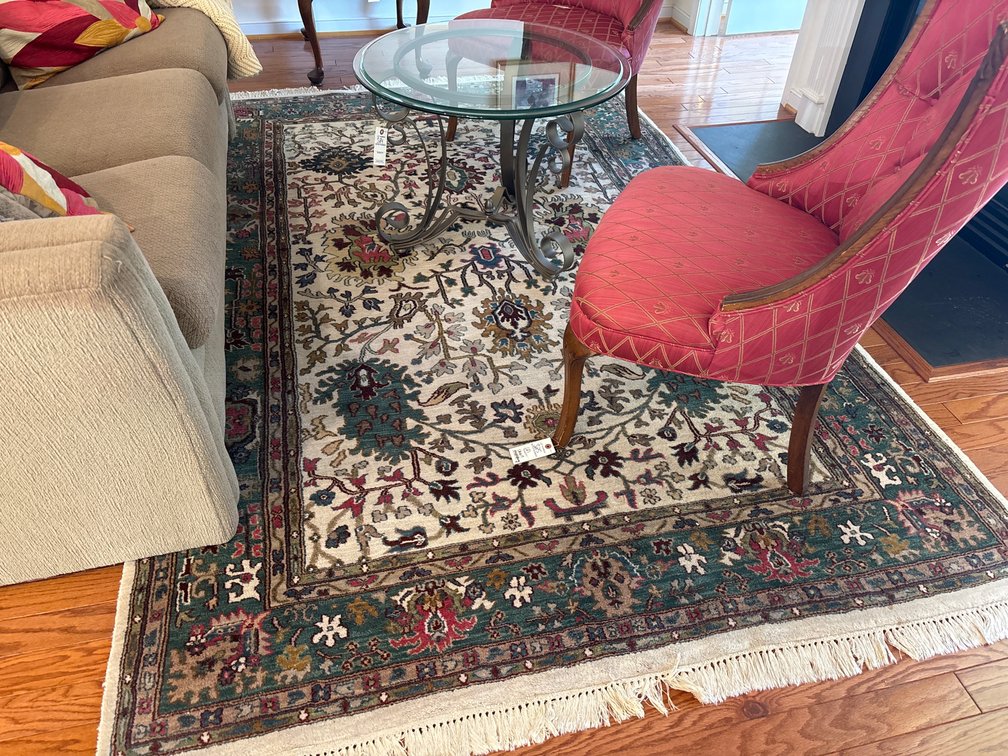 Ivory and Teal Floral Pattern Area Rug with Fringe