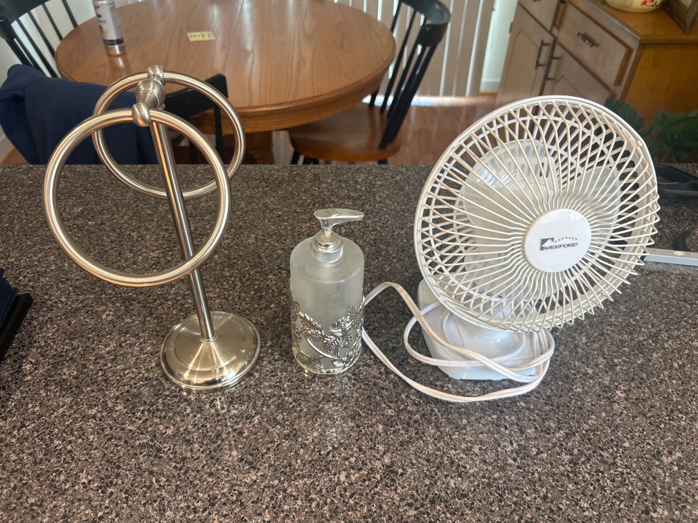 Countertop Towel Stand, Soap Dispenser, and Desk Fan