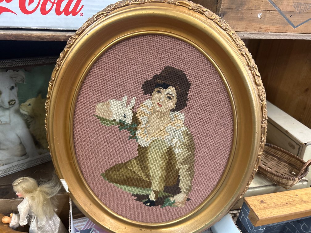 Framed Needlepoint Embroidery of Figure with Rabbit