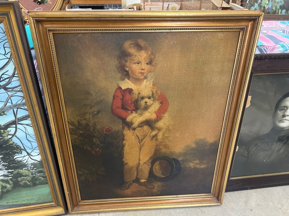 Framed Portrait of Boy Holding Dog in Gold-Tone Frame