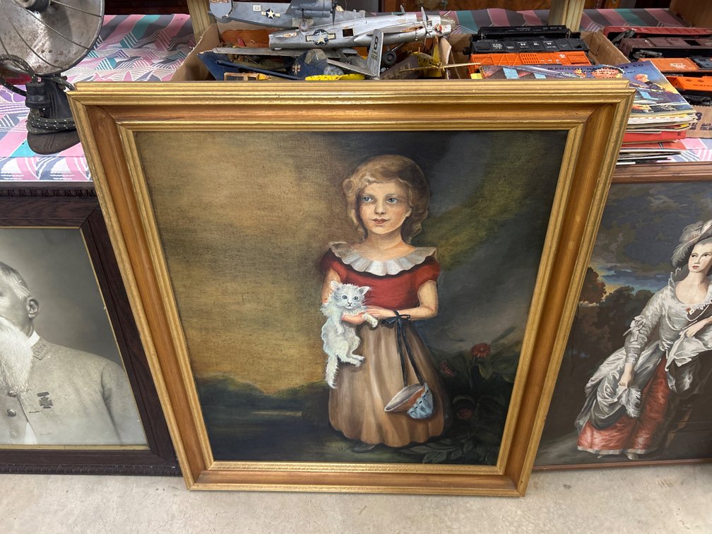 Framed Portrait Painting of Young Girl with Kitten