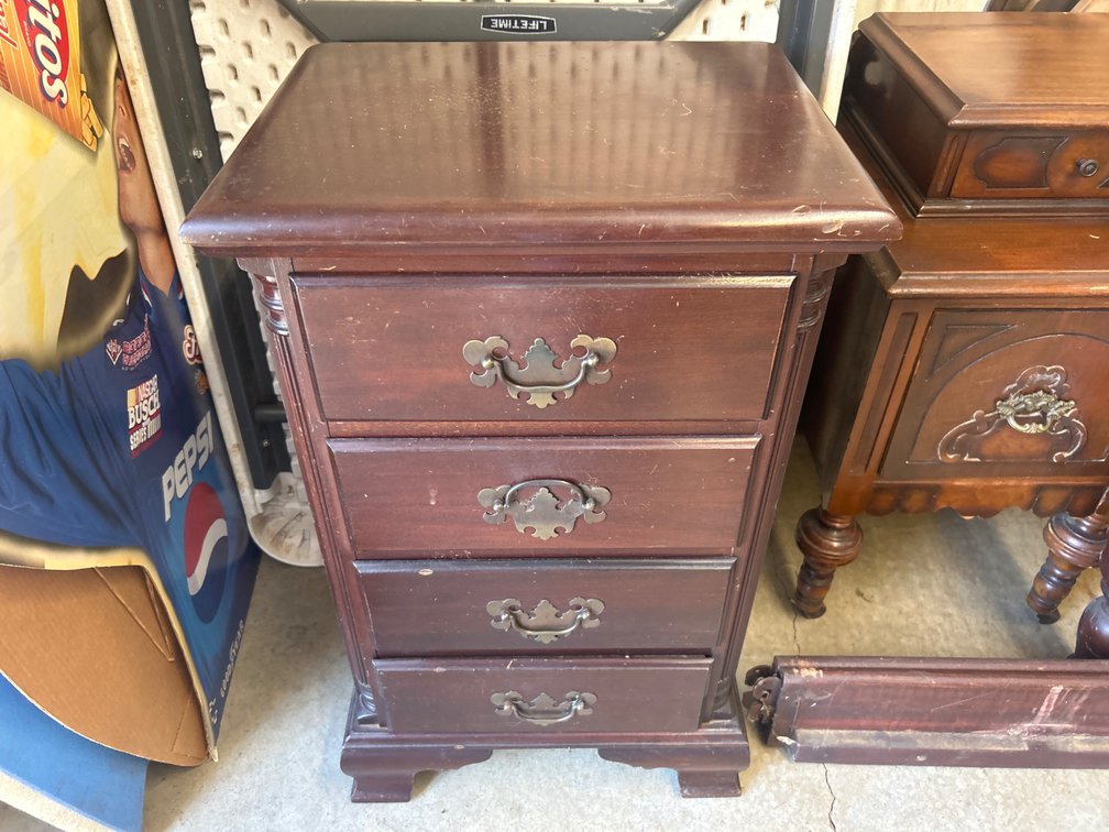Four-Drawer Dark Wood Nightstand with Brass-Tone Pulls