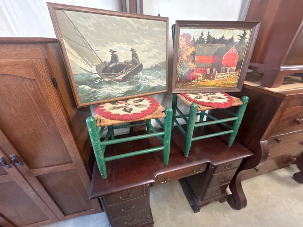 Pedestal Desk, Pair of Chairs, and Two Framed Paintings