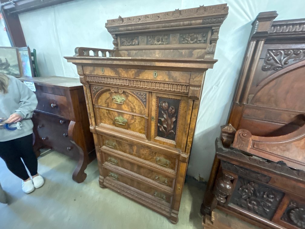 American Victorian Renaissance Revival walnut and burl-walnut lock-side chest, probably circa 1870–1885.