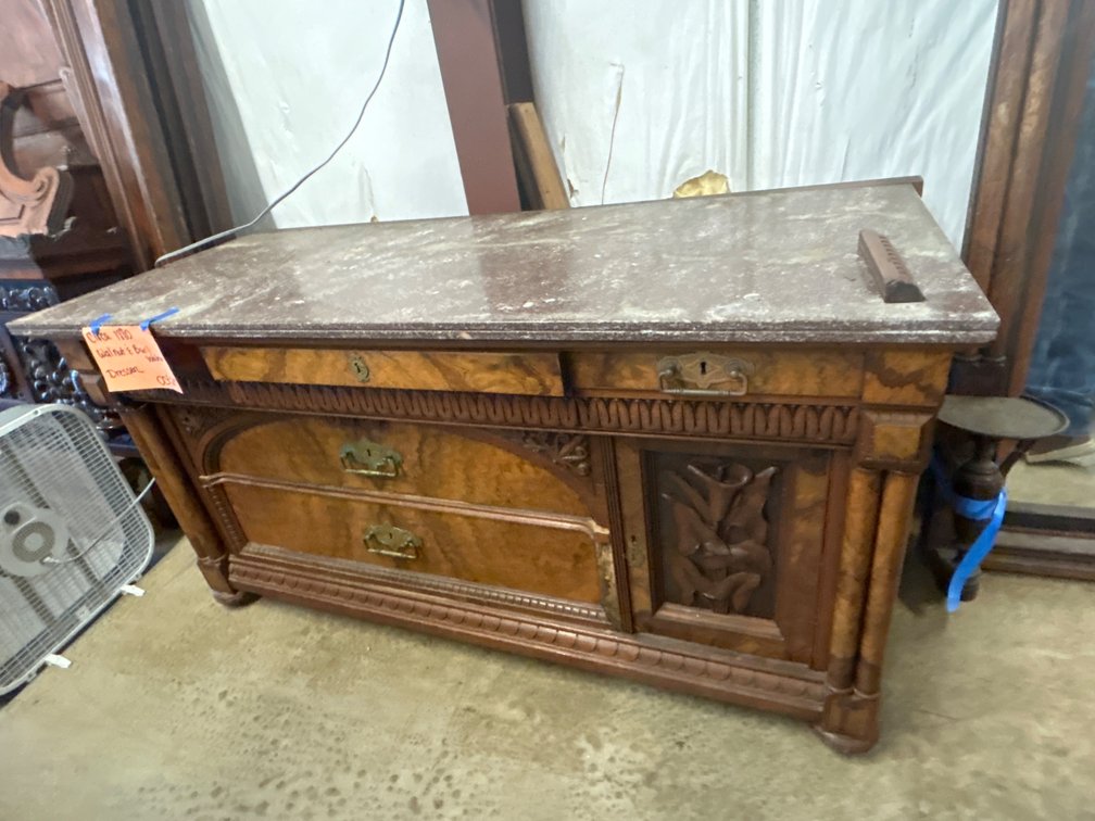 Walnut and Burl Walnut Dresser with Marble Top