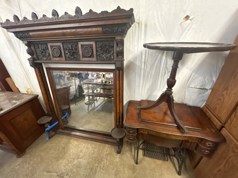 Carved Pier Mirror, Treadle Sewing Cabinet, and Pedestal Table