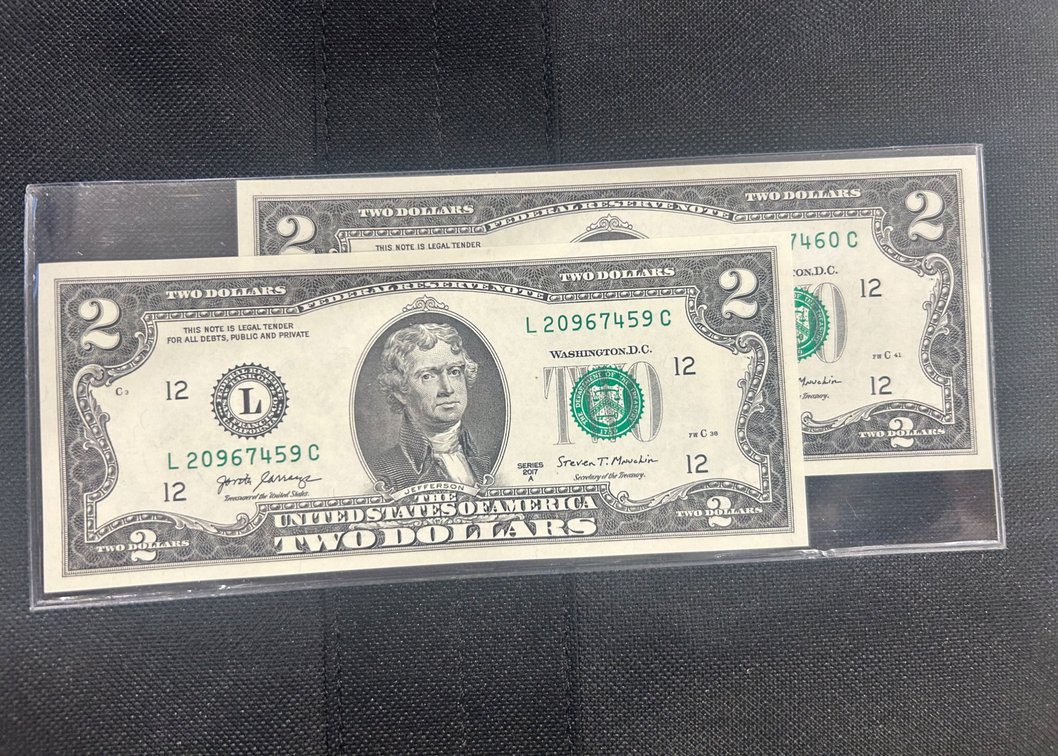 Two Series 2017 A US Two-Dollar Federal Reserve Notes