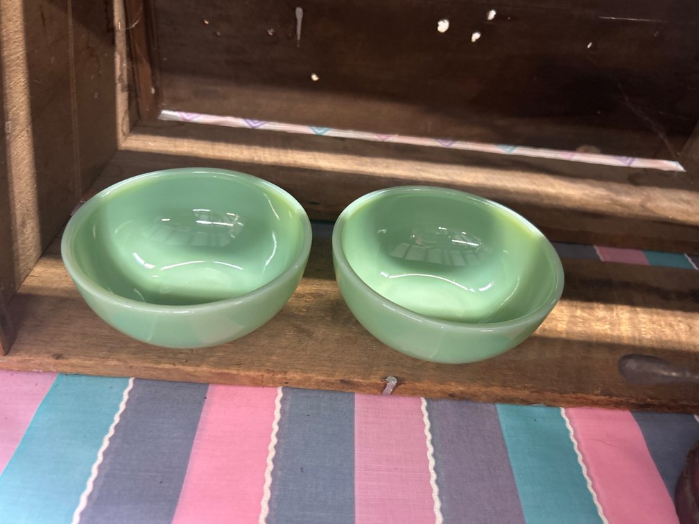 Pair of Jadeite Green Glass Small Bowls