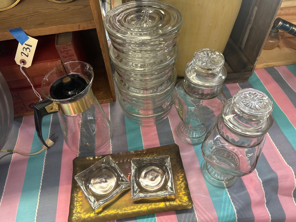 Glassware, Coffee Carafe, Canisters, and Brass-Tone Tray