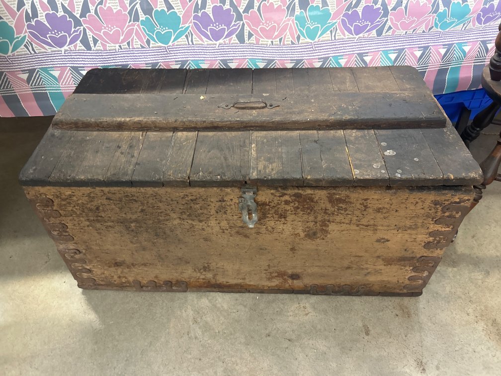 Wooden Storage Trunk with Scalloped Metal Brackets