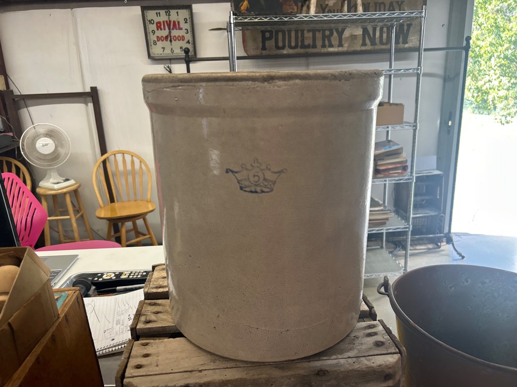 Glazed Stoneware Crock with Blue Crown 5 Mark