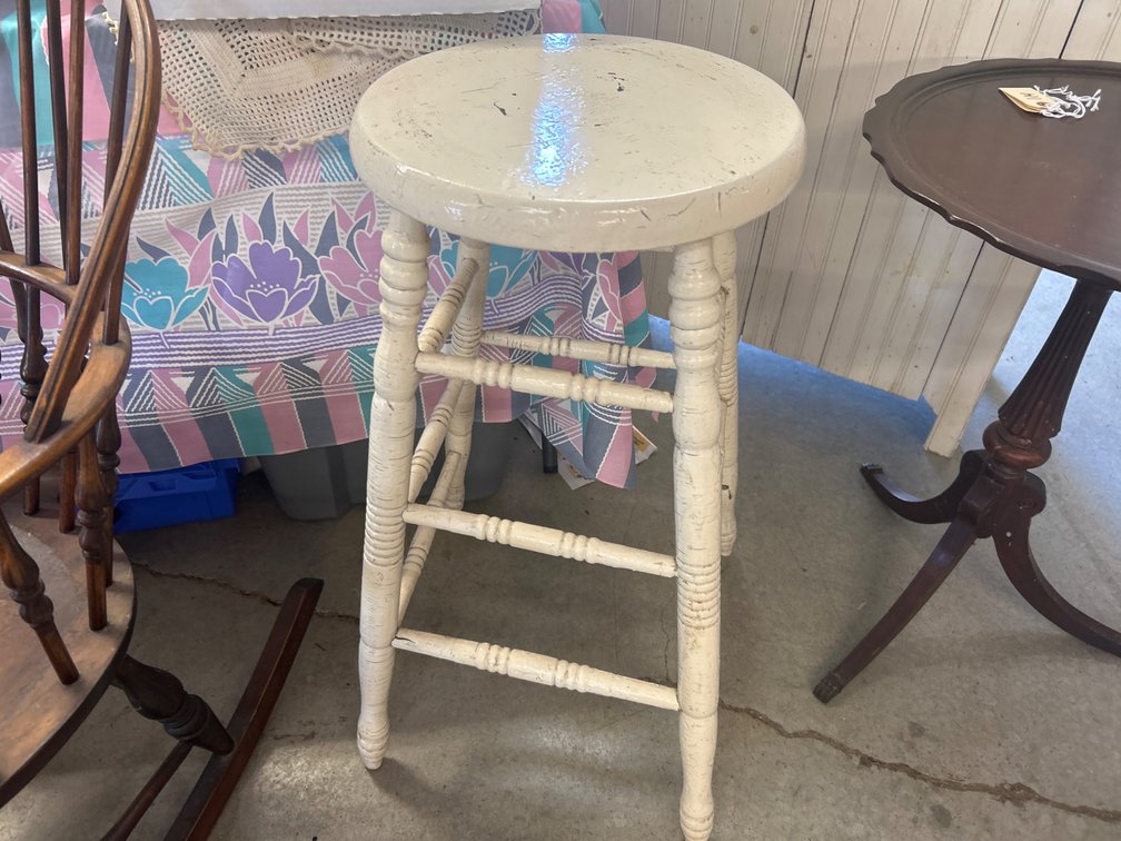 Off-White Painted Wood Stool with Turned Legs