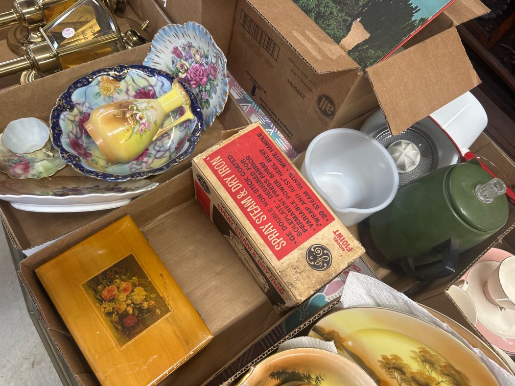 Lot of 3 Boxes Full of Porcelain Dishware, Kitchenware, and Brass Lantern Fixture