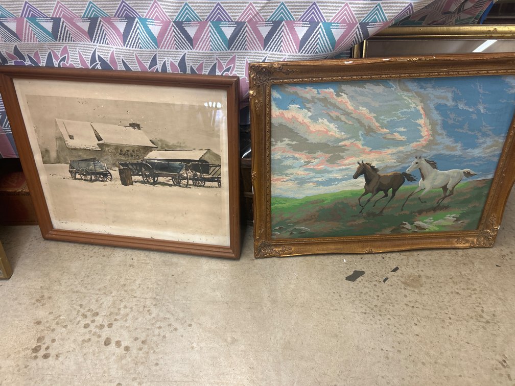 Lot of 2 Paintings: Framed Horse Painting and Winter Barn Landscape
