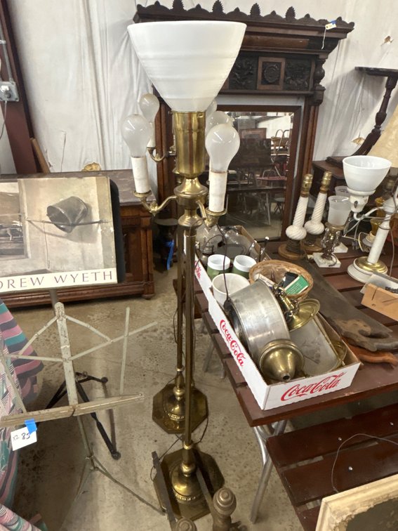Brass Multi-Light Torchiere Floor Lamps and Andirons